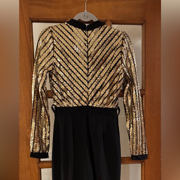 Elegant Black and Gold Sequin Wide Pant Jumpsuit - Picture 3 of 7